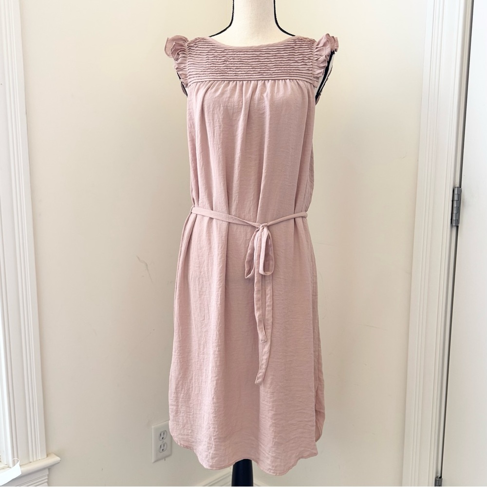 H&M Flutter Sleeve Pink Midi Pleated Tie Waist Dress Cottagecore Coquette Size M